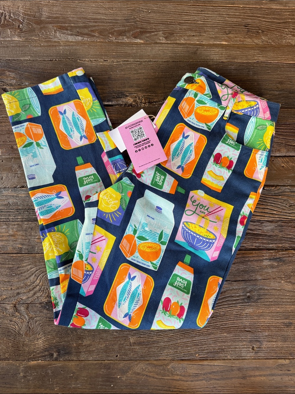 Lucy & Yak Navy Straight Leg Jeans with Colorful Grocery Print - Picture 4 of 12